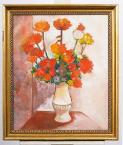 Vintage Gerbera Daisy Red Flower Still Life Oil Painting