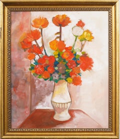 Vintage Gerbera Daisy Red Flower Still Life Oil Painting