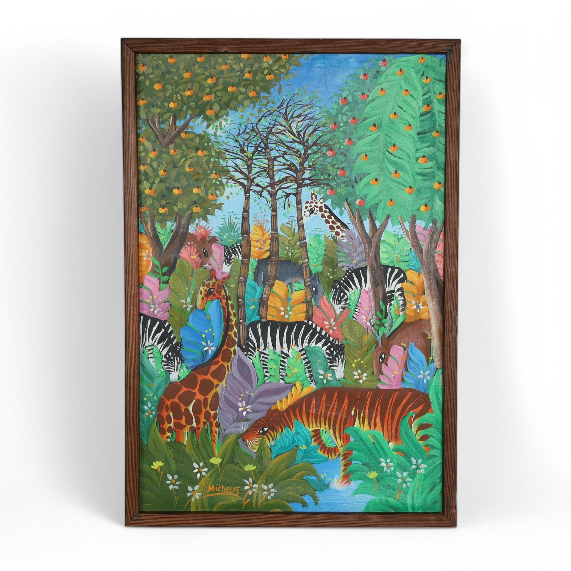 Animal Painting de Unknown - Pintura vintage de la selva haitiana sobre tabla de Michelet