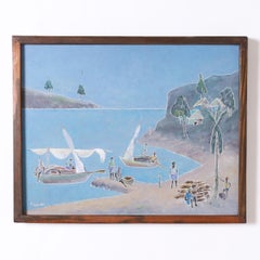 Peinture à l'huile haïtienne vintage sur panneau de Fritz Lamothe