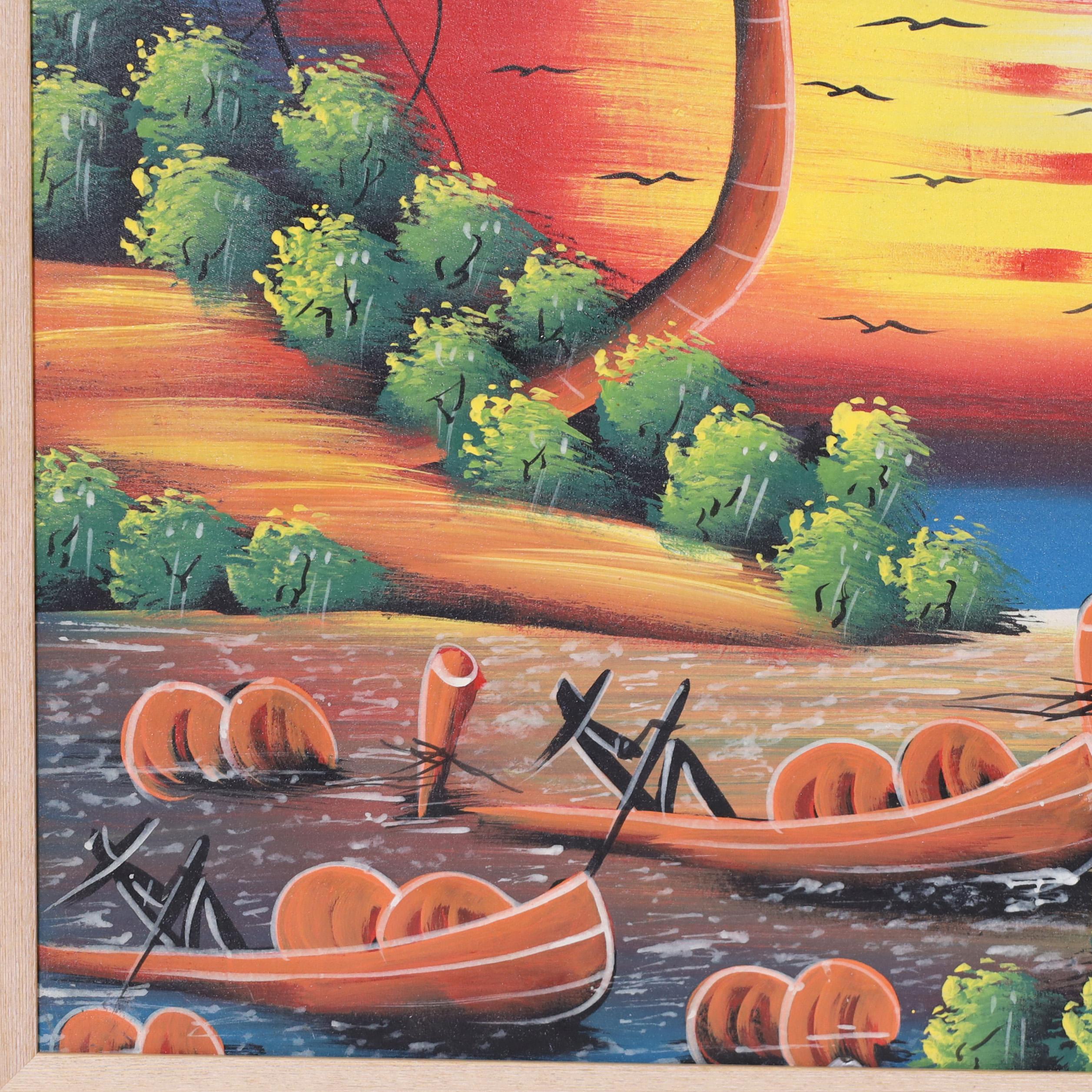 Peinture haïtienne vintage Bateaux au coucher du soleil par M. Marli - Beige Landscape Painting par Unknown