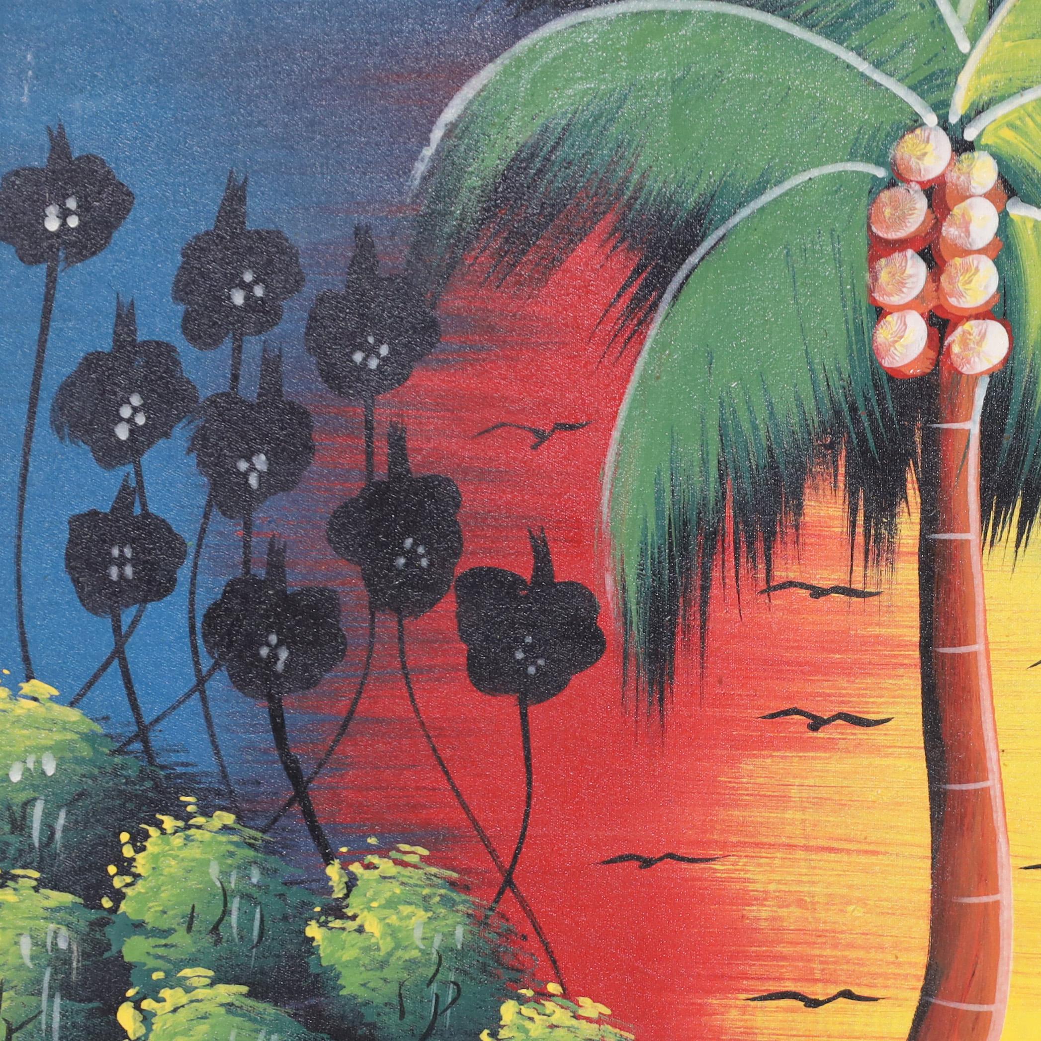 Peinture acrylique haïtienne sur toile exécutée dans une technique naïve et ludique distinctive représentant des bateaux et des palmiers sur fond de coucher de soleil flamboyant. Signé M. Marli en bas à droite.