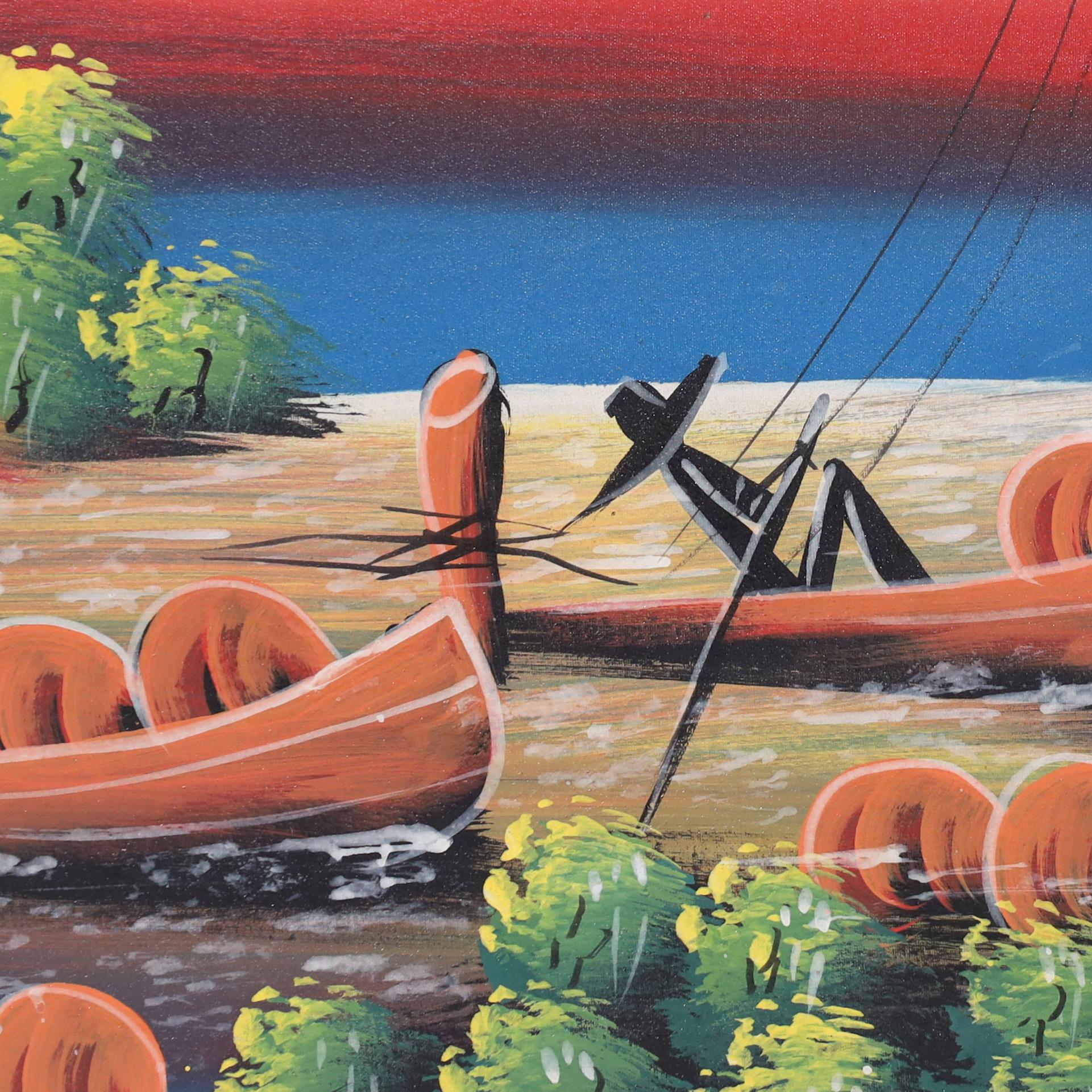 Peinture haïtienne vintage Bateaux au coucher du soleil par M. Marli en vente 1