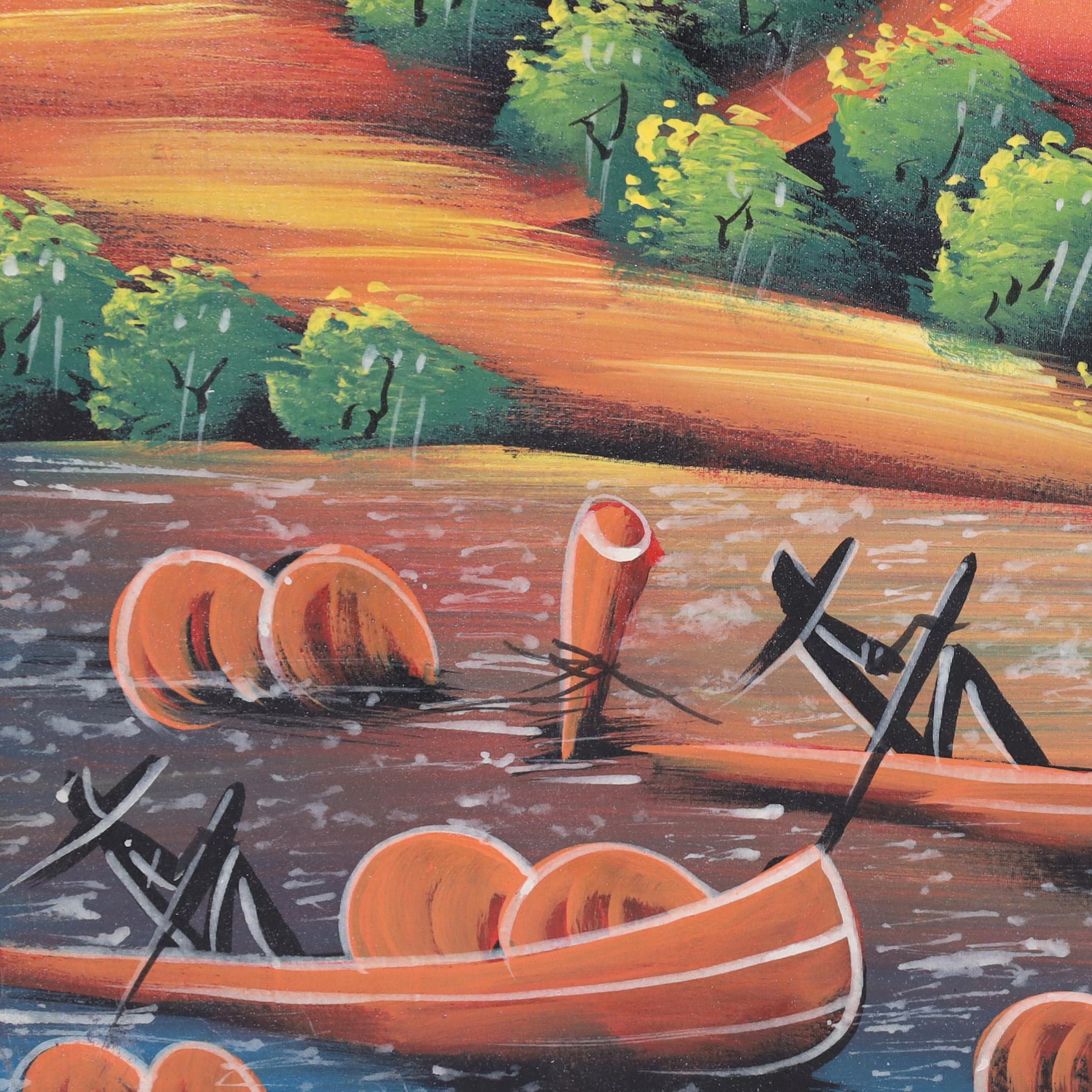 Peinture haïtienne vintage Bateaux au coucher du soleil par M. Marli en vente 2
