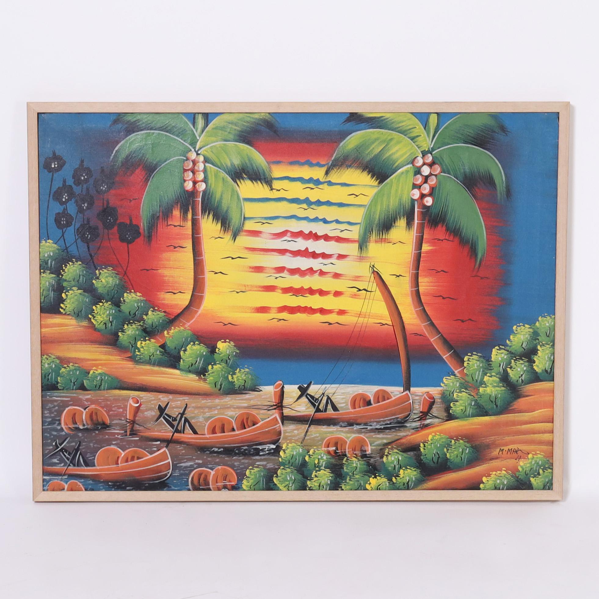 Landscape Painting Unknown - Peinture haïtienne vintage Bateaux au coucher du soleil par M. Marli