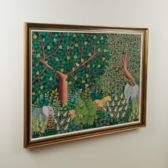 Vintage Haitian Painting of a Jungle Scene with Animals
