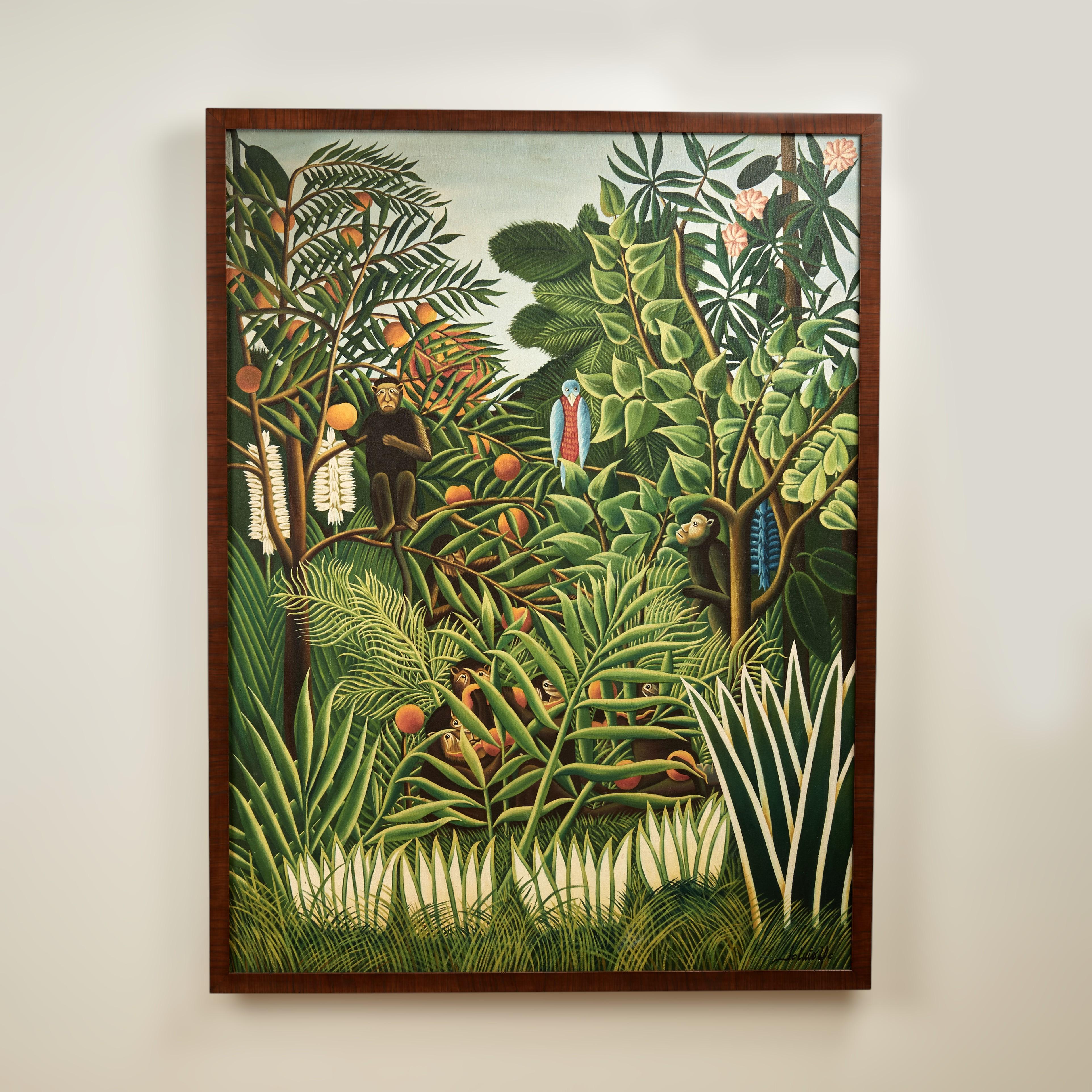 Vintage Haitian Malerei einer Dschungel-Szene mit Affen