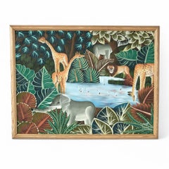 Pintura haitiana vintage de animales en una jungla por Jean Claude