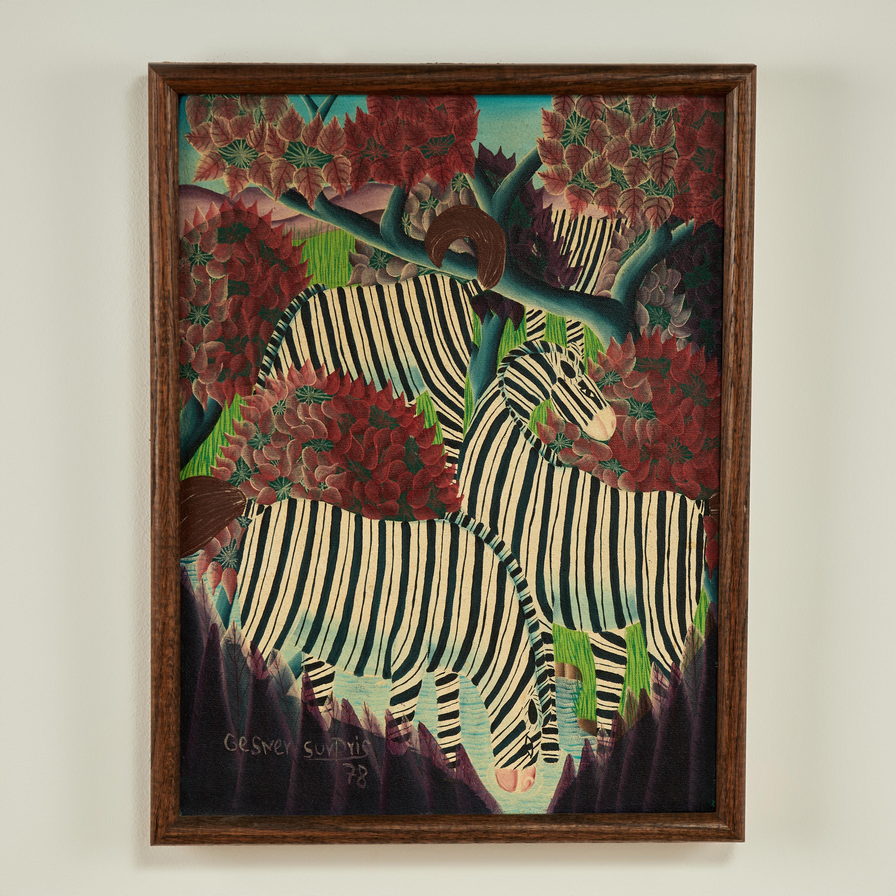 Unknown Animal Painting - Vintage Haitian Painting of Zebras by Gesner Surpris