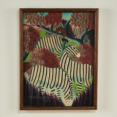 Vintage Haitian Painting of Zebras by Gesner Surpris