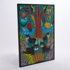 Vintage Haitian Painting with Black Cats and Fruit by Pierre Louis