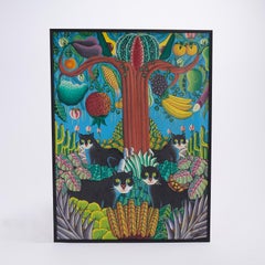 Vintage Haitian Painting with Black Cats and Fruit by Pierre Louis