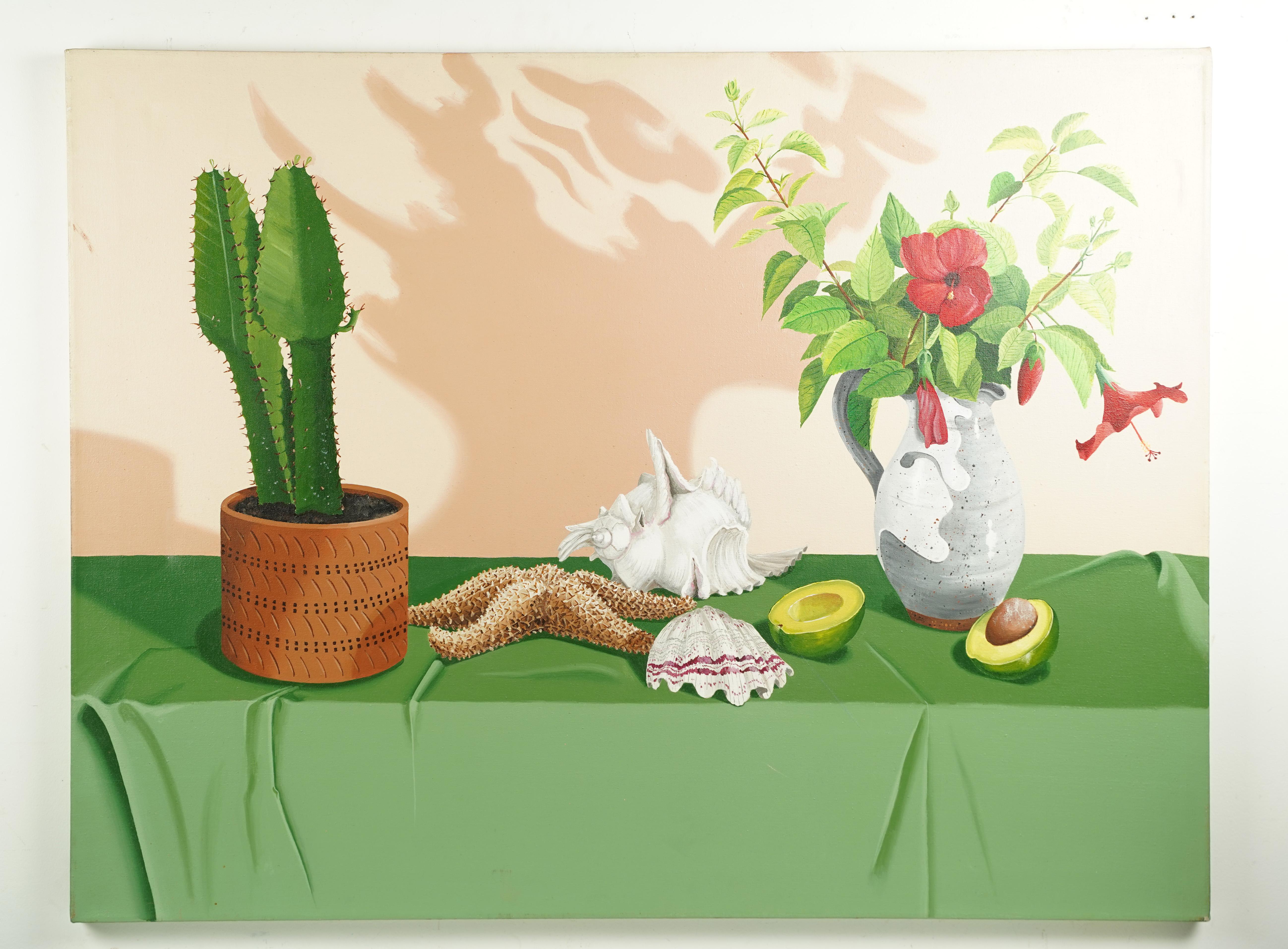Vintage Huge Signed Photorealist Southwest Cactus Avocado Still Life Painting - Beige Interior Painting by Unknown