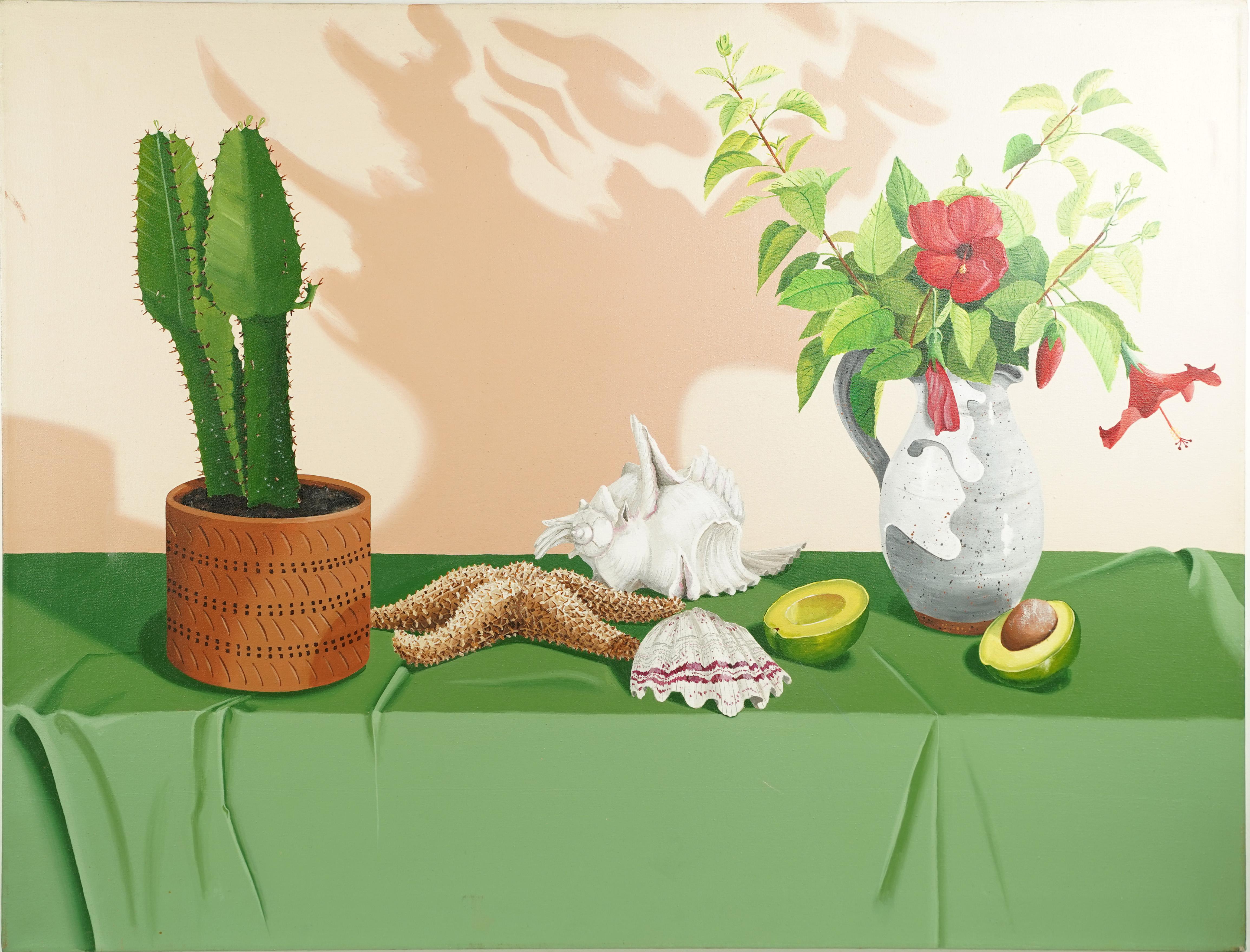 Vieille peinture photoréaliste grandeur nature morte Cactus Avocado signée Southwest