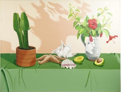 Vintage Huge Signed Photorealist Southwest Cactus Avocado Still Life Painting