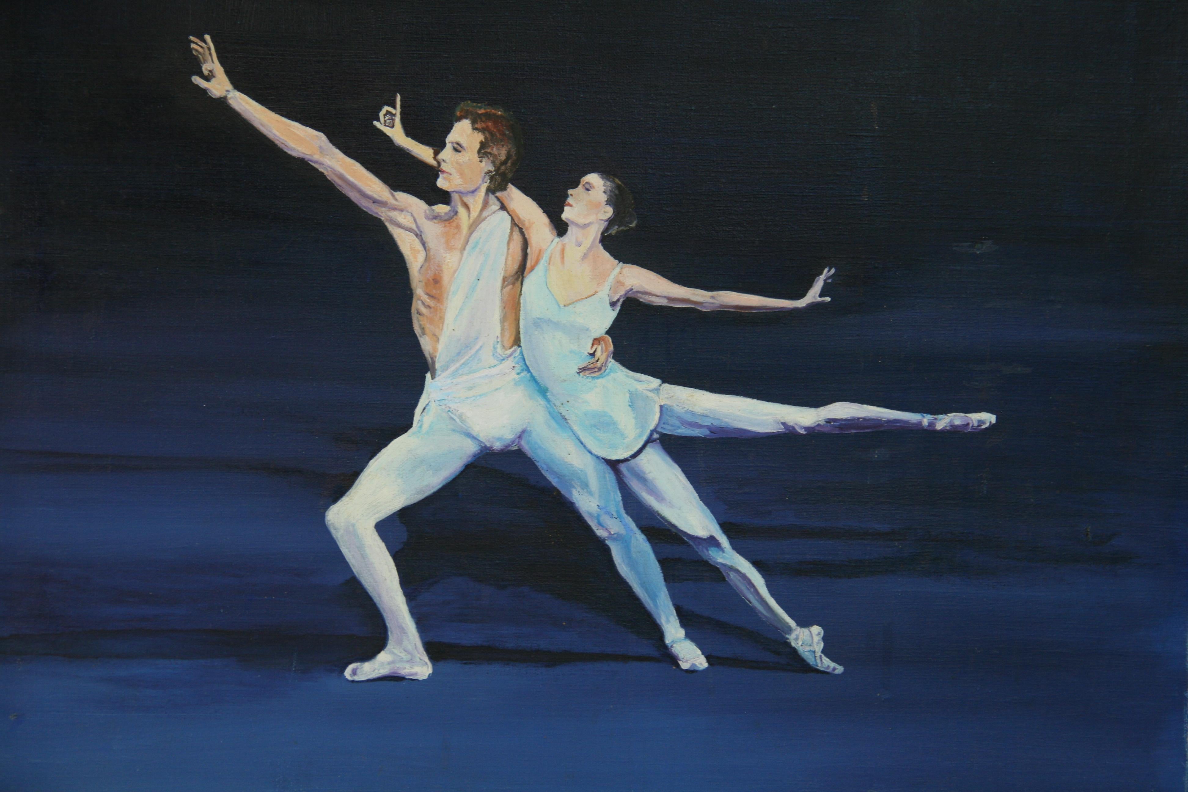Olio impressionista d'epoca sulla coppia del balletto  su tela - Figurative Painting Nero di Unknown