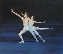 Peinture à l'huile vintage représentant un couple de danseurs de ballet dans un style impressionniste, signée, 20 x 24 pouces