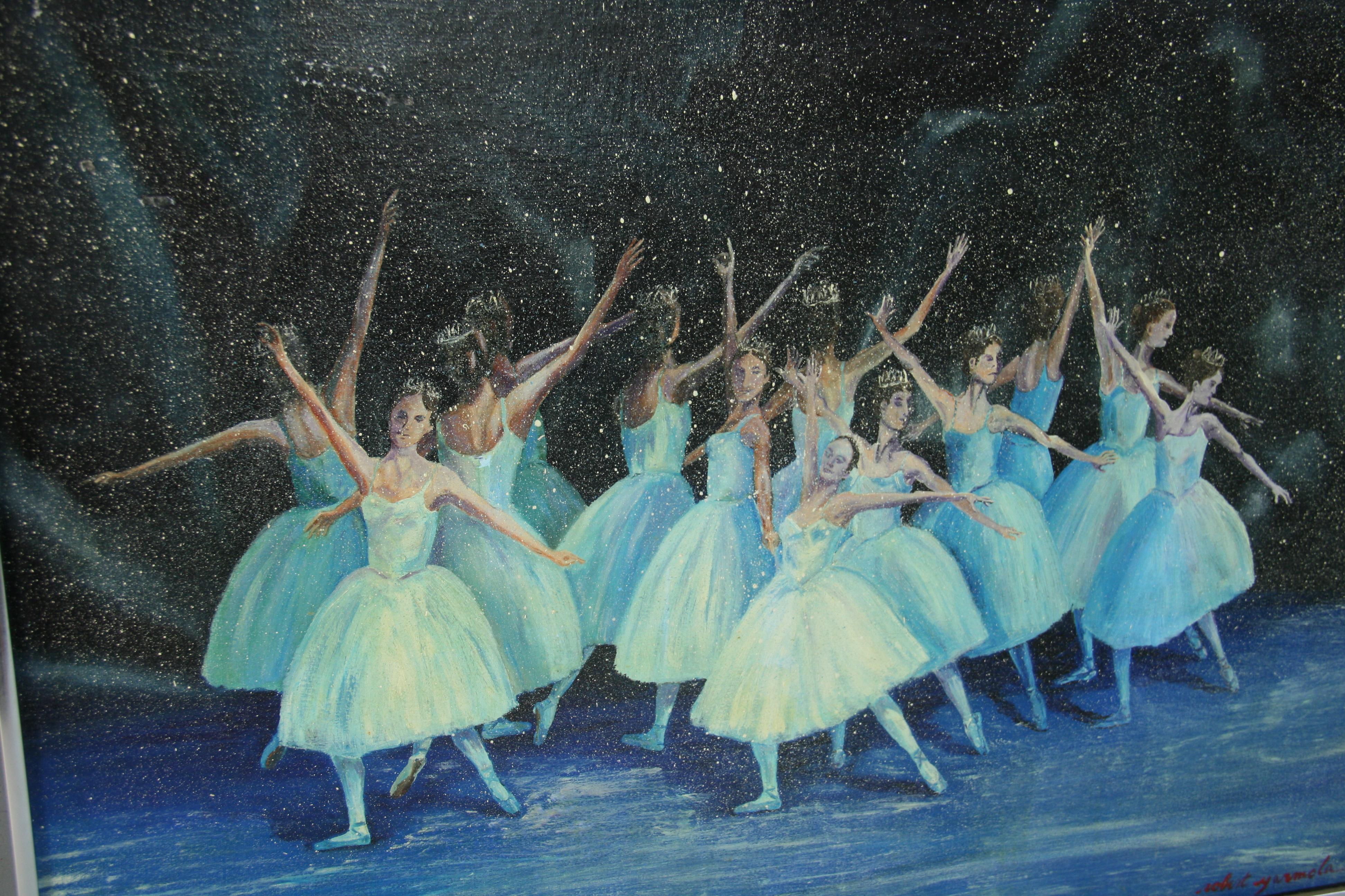 5001 Vintage Impressionist Öl auf Leinwand in einem Metallrahmen, der eine Ballettaufführung darstellt