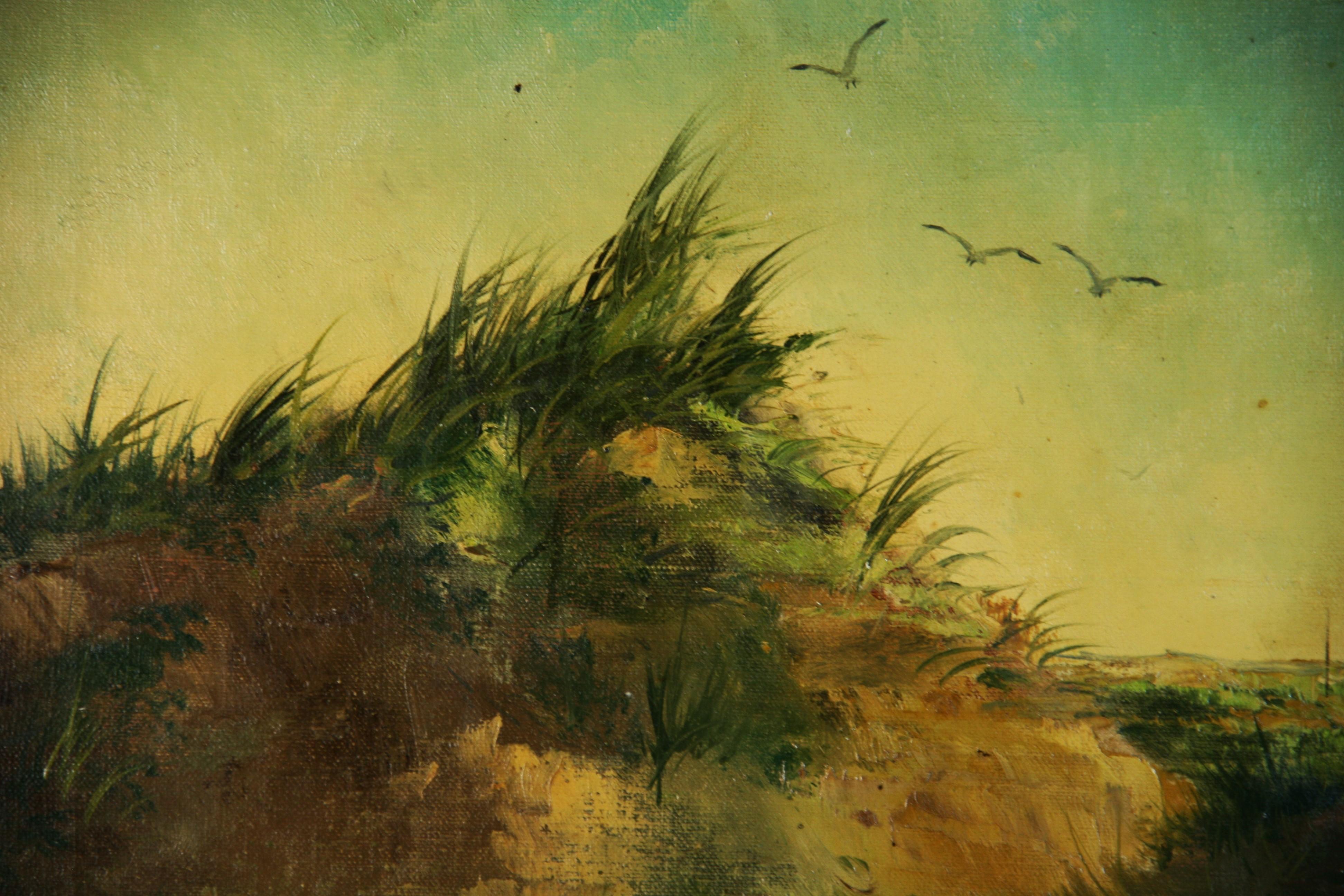 5209 Vintage Impressionist Beach sand dunes with a distant lighthouse
Framed signed Klein 
Image size 19.5x23
