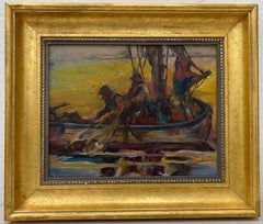 Retro Impressionist "Fisherman" Oil Painting 20th C.