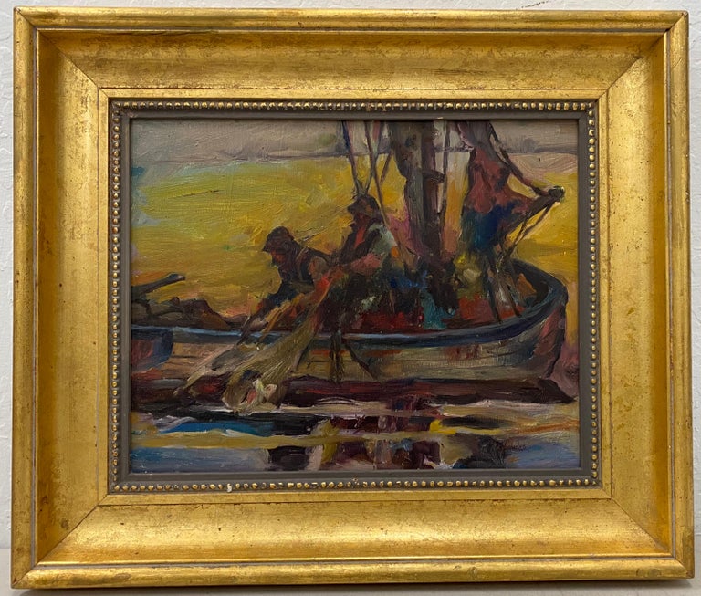 Unknown Figurative Painting - Vintage Impressionist "Fisherman" Oil Painting 20th C.
