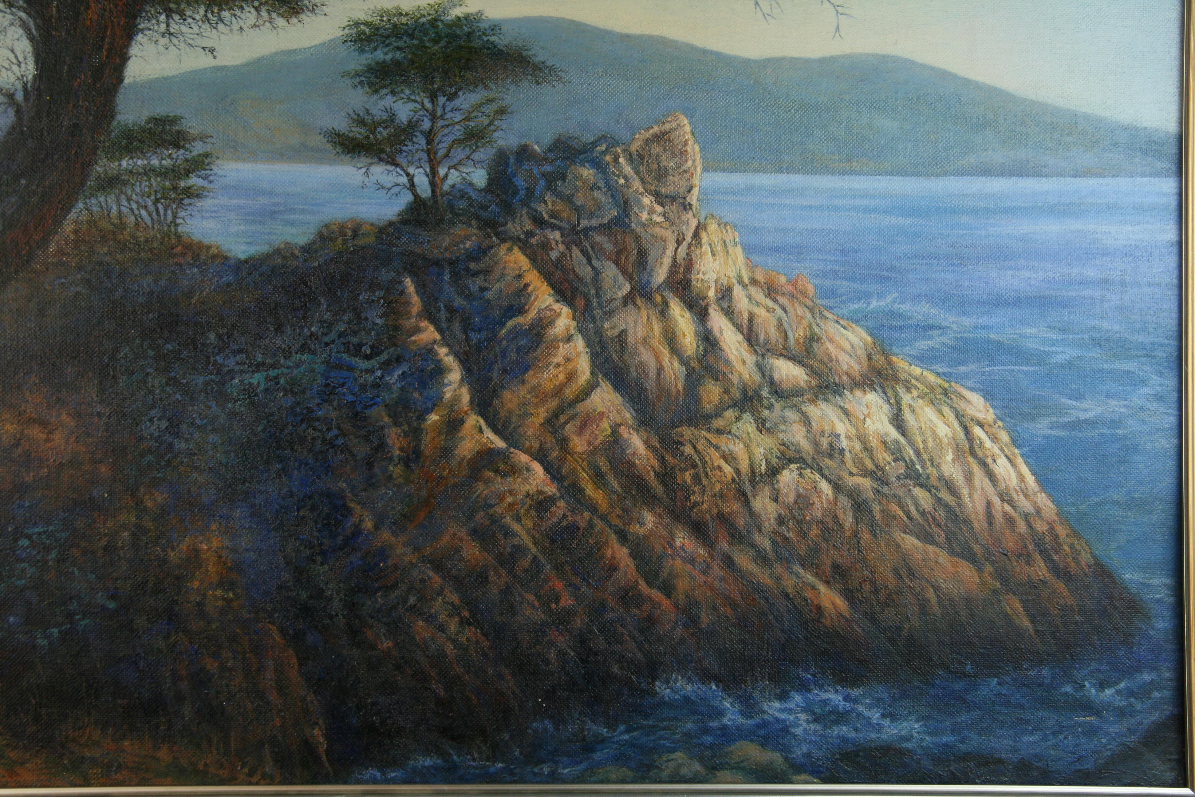 3991A   Vintage Impressionist landscape California coastal inlet.
Set in a custom silvered wood frame 
Image size 23.5x19.5