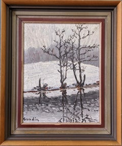 Vintage Impressionist Landscape Framed Oil Painting - Reflections in Winter