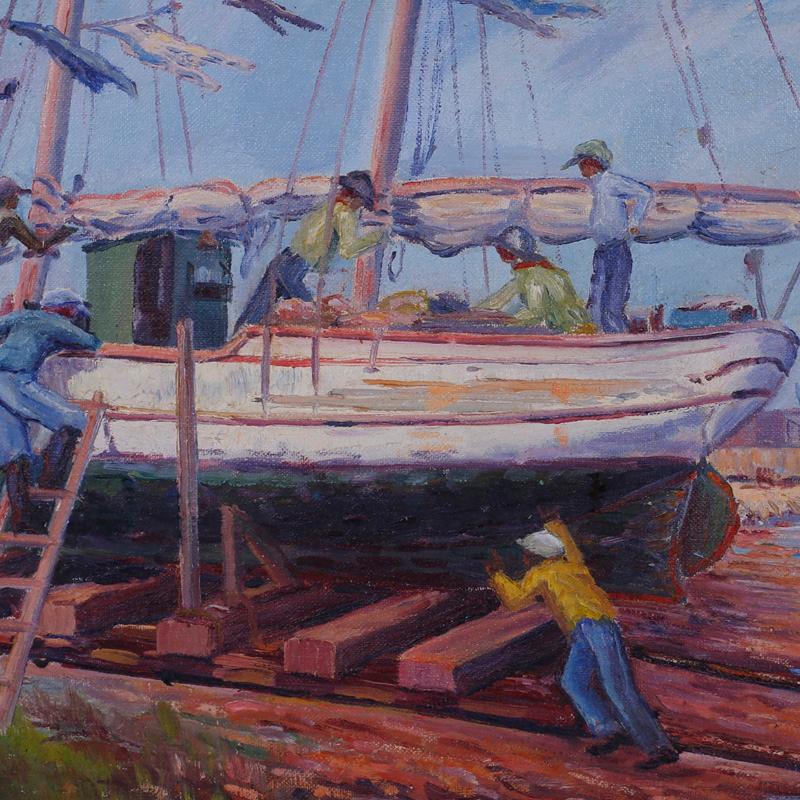 In the tradition of 1930s impressionist, here is a painting by H. A. Burnham of a harbor scene, displaying confident brushstrokes and a striking tropical palette. This oil painting captures the simple spirit of the day. Signed in the lower right and