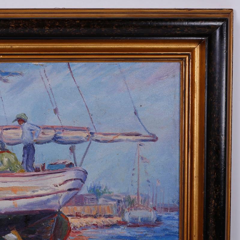 Vintage Impressionist Oil Painting of a Harbor Scene For Sale 2