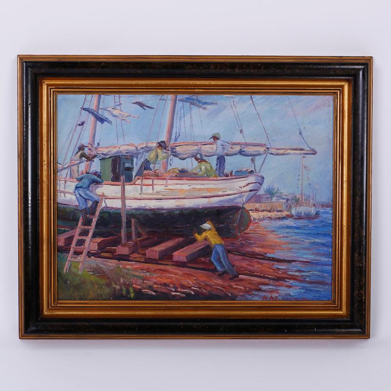 Landscape Painting di Unknown - Pittura a olio impressionista d'epoca di una scena di porto