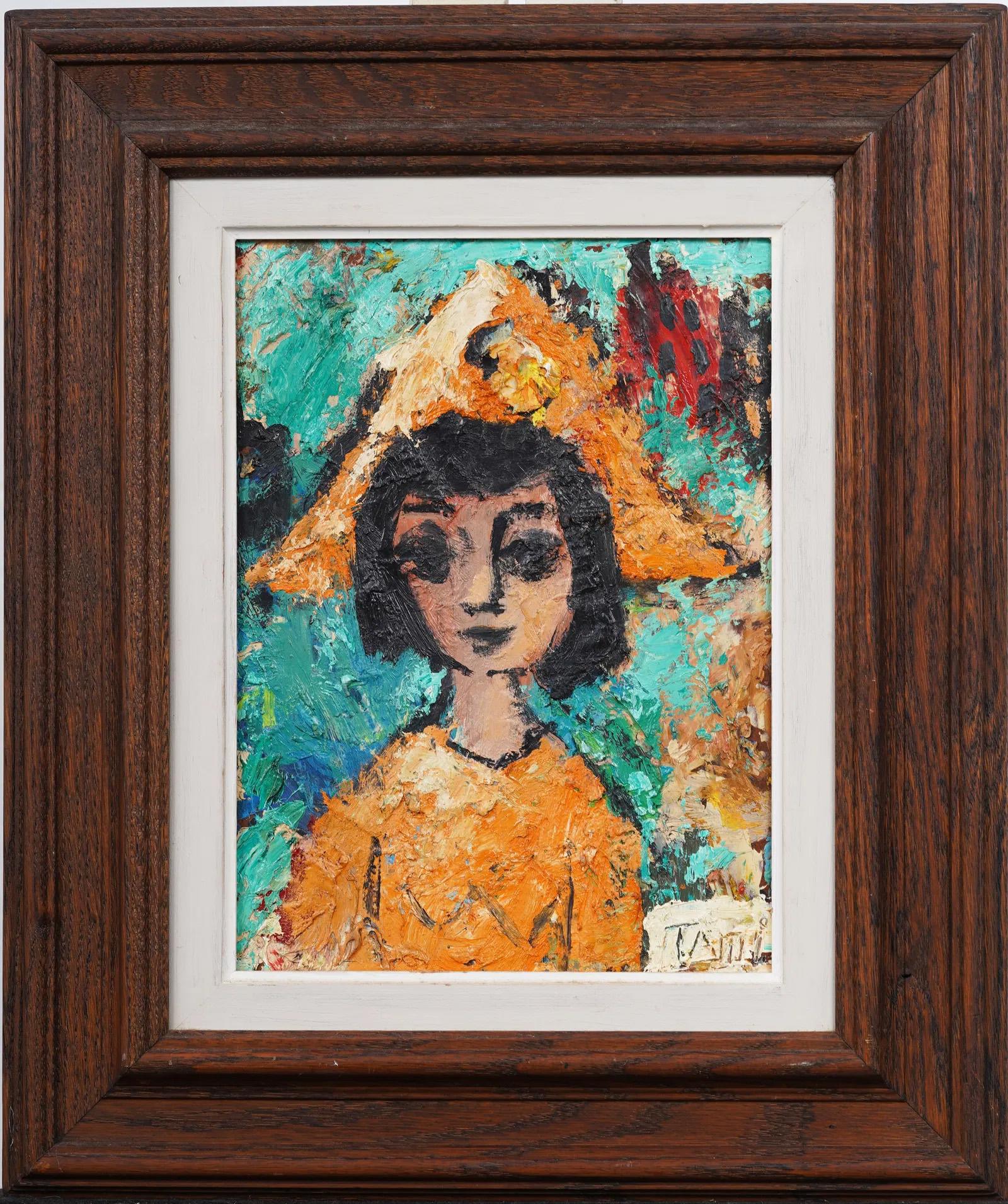 Quadro di ritratto impressionista d'epoca ben incorniciato Pittura ad olio del metà del secolo scorso - Painting di Unknown