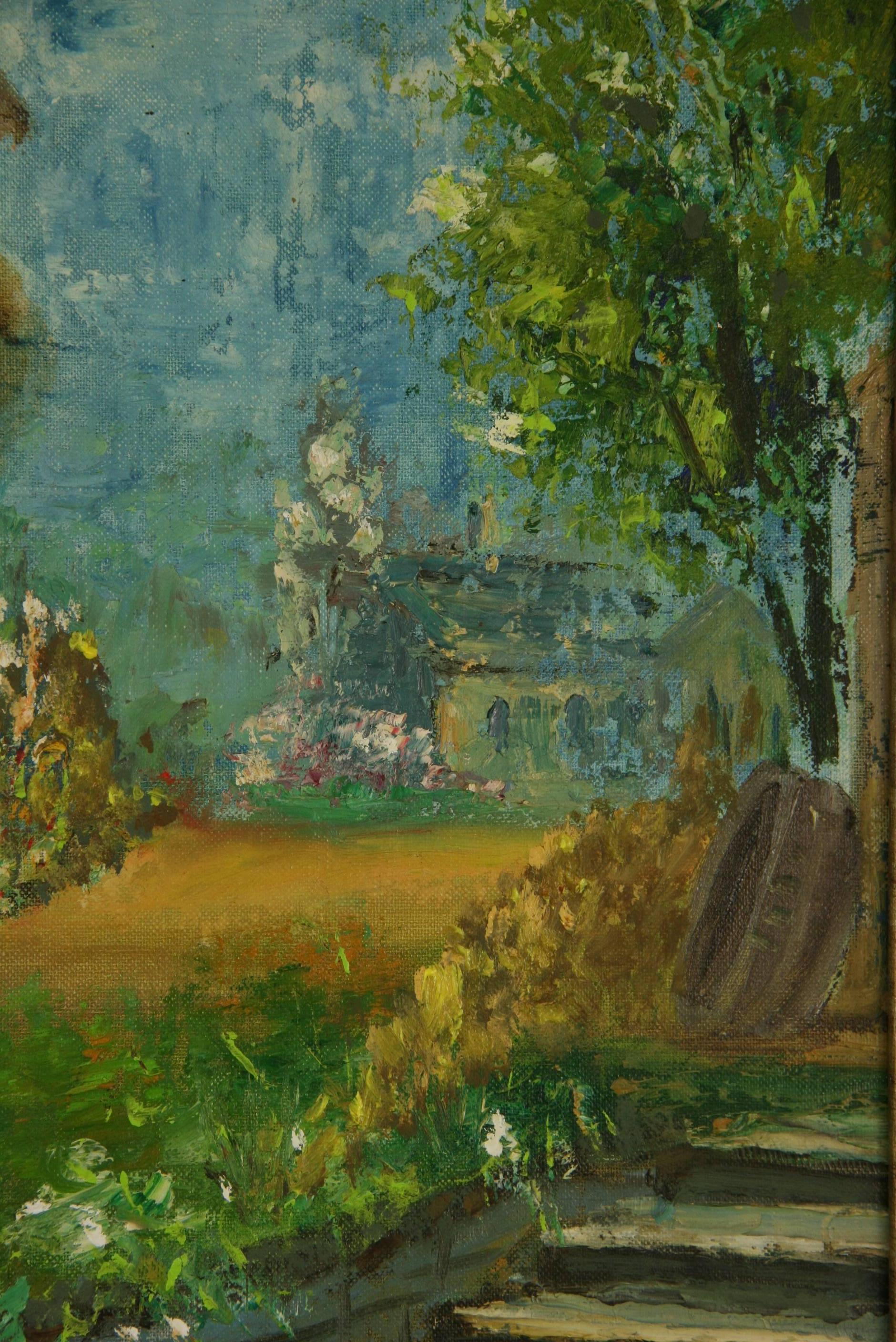 #5-2752b   Toskanische Landhaus-Landschaft,  Gemälde einer ländlichen Szene, Öl auf Karton, in einem vergoldeten Holzrahmen, links unten von Wane signiert.
Bildgröße 17 H x 12,5 B