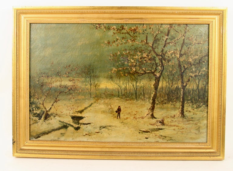 French  Impressionist Winter Snow 1920's Landscape  Painting - Brown Figurative Painting by Unknown