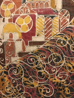 Vintage Israeli Kibbutz Folk Art Silk Batik Painting Jerusalem Maskit, Bezalel