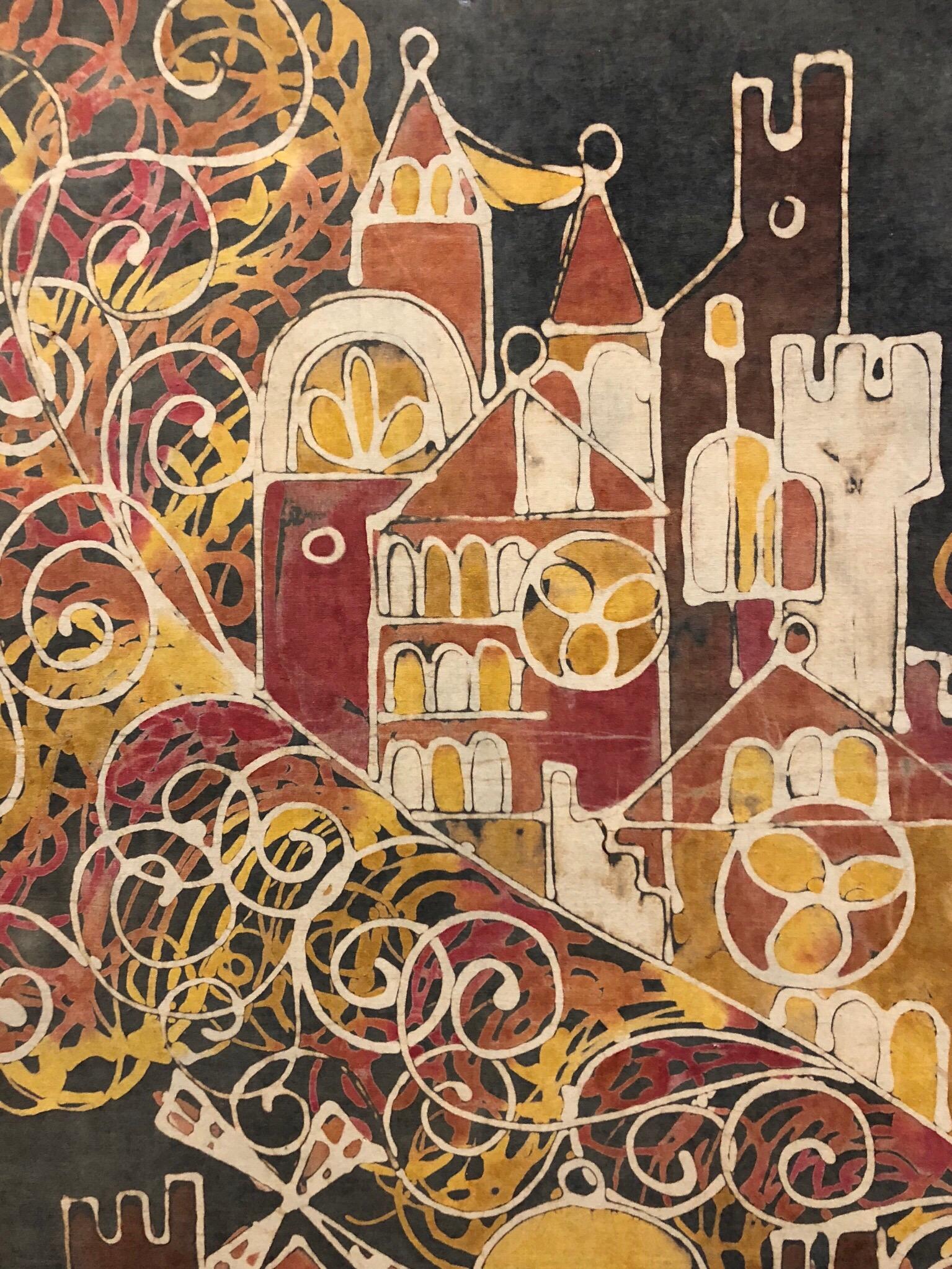 Israelische Vintage-Volkskunsthandwerk. eine Jerusalem-Szene Batik höchstwahrscheinlich auf Seide. Ganz ähnliche Werke sind in dem bahnbrechenden Buch von Ruth Dayan mit dem Titel Crafts of Israel zu sehen, in dem die Arbeiten der israelischen