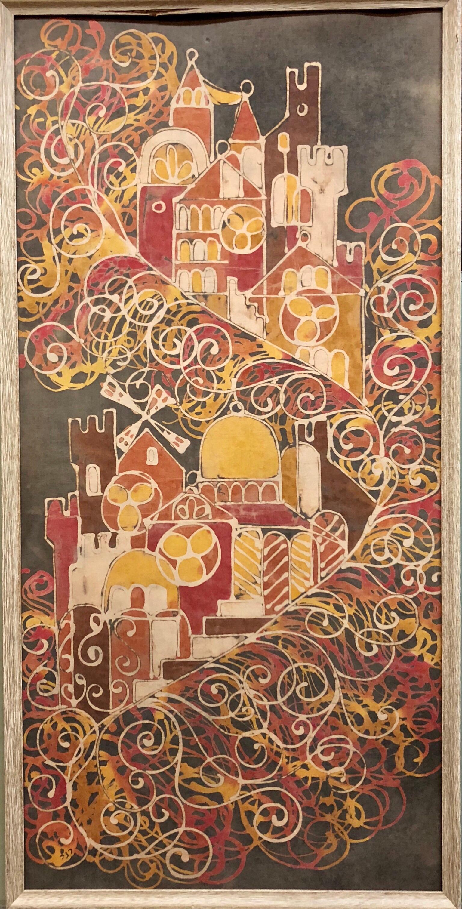 Israelisches Kibbutz-Volkskunst-Seiden-Batik-Gemälde Jerusalem Maskit, Bezalel, Vintage 2