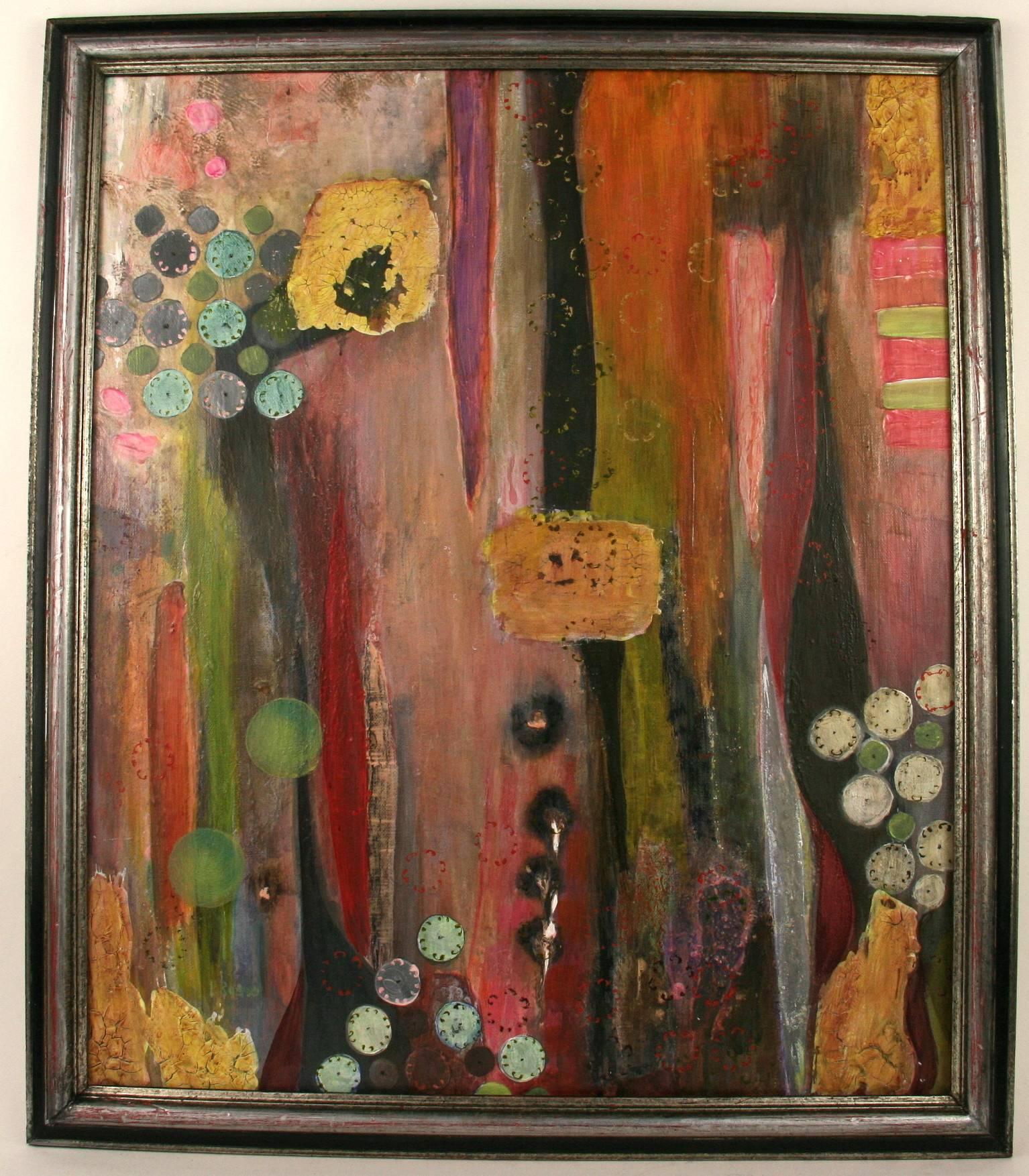 #5-2940 Lost in Time  abstract Mixed Media on canvas displayed in a silver-black wood frame.Signed lower left by P.Russo Neapolitan artist 1962
