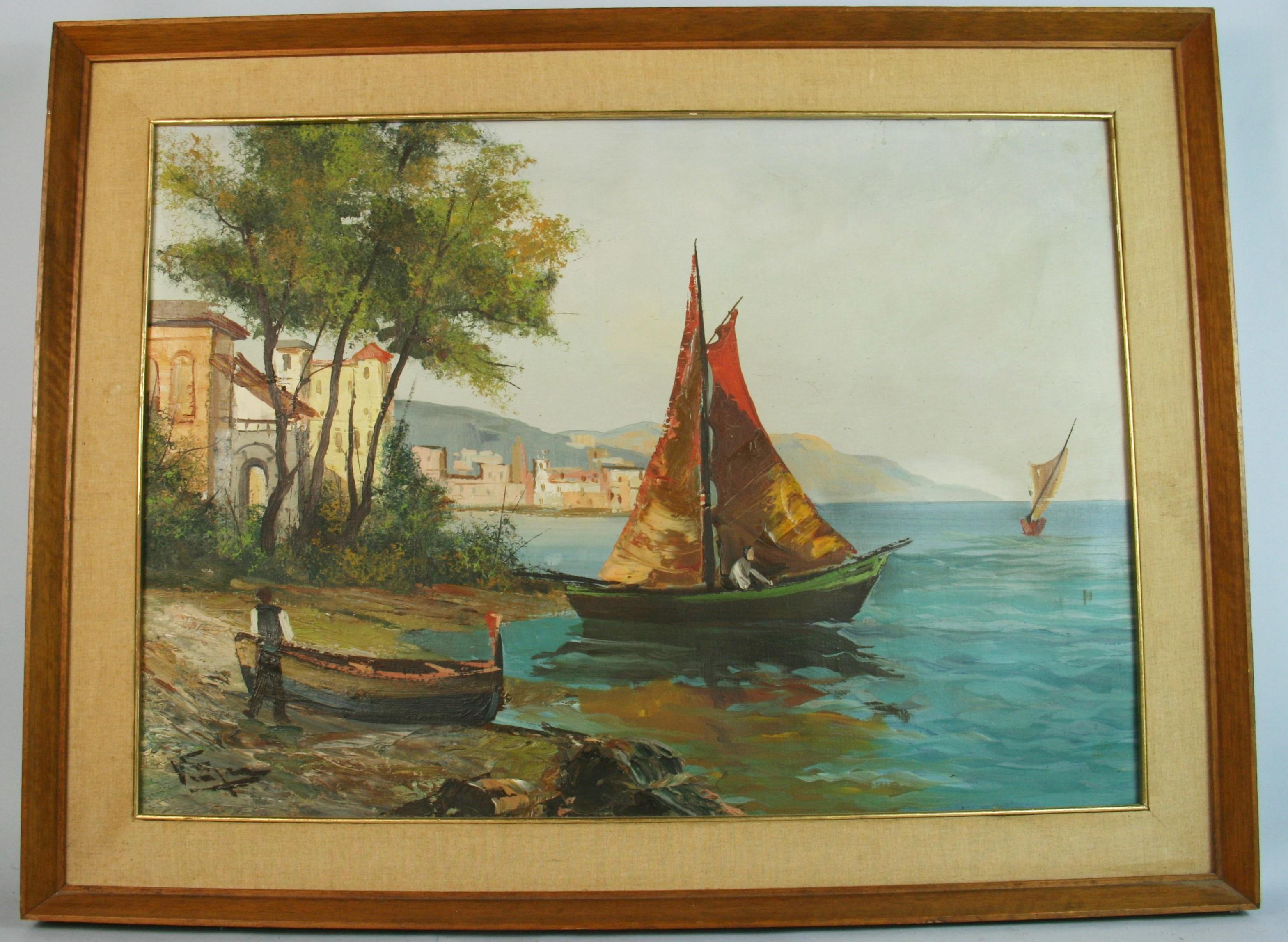 1950s Vintage Italian Oversized Amalfi Coastal Scene Oil Painting, Framed