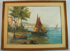 1950s Vintage Italian Amalfi Coastal Scene Oil Painting, Framed