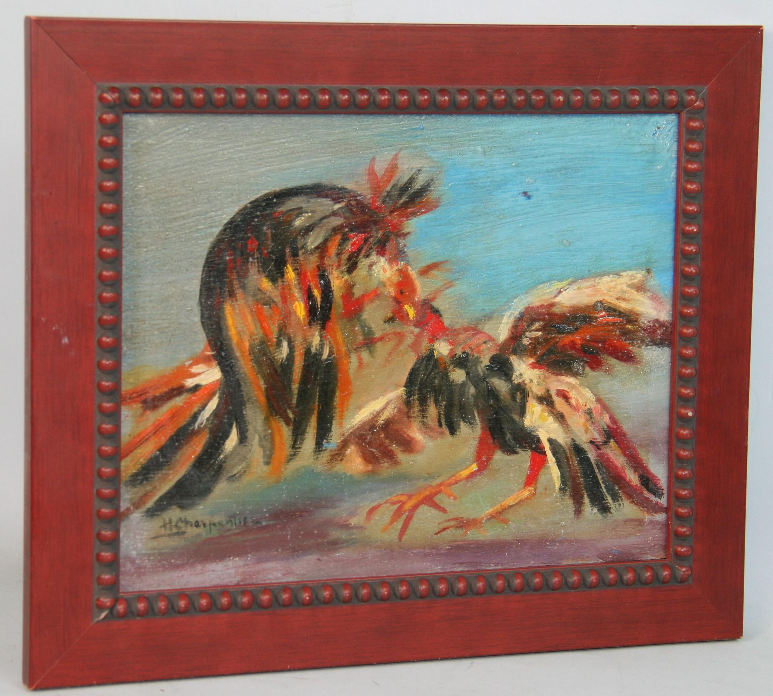 Unknown Animal Painting - Vintage Italian Animal Oil on Board "The Cock Fight 1960's"