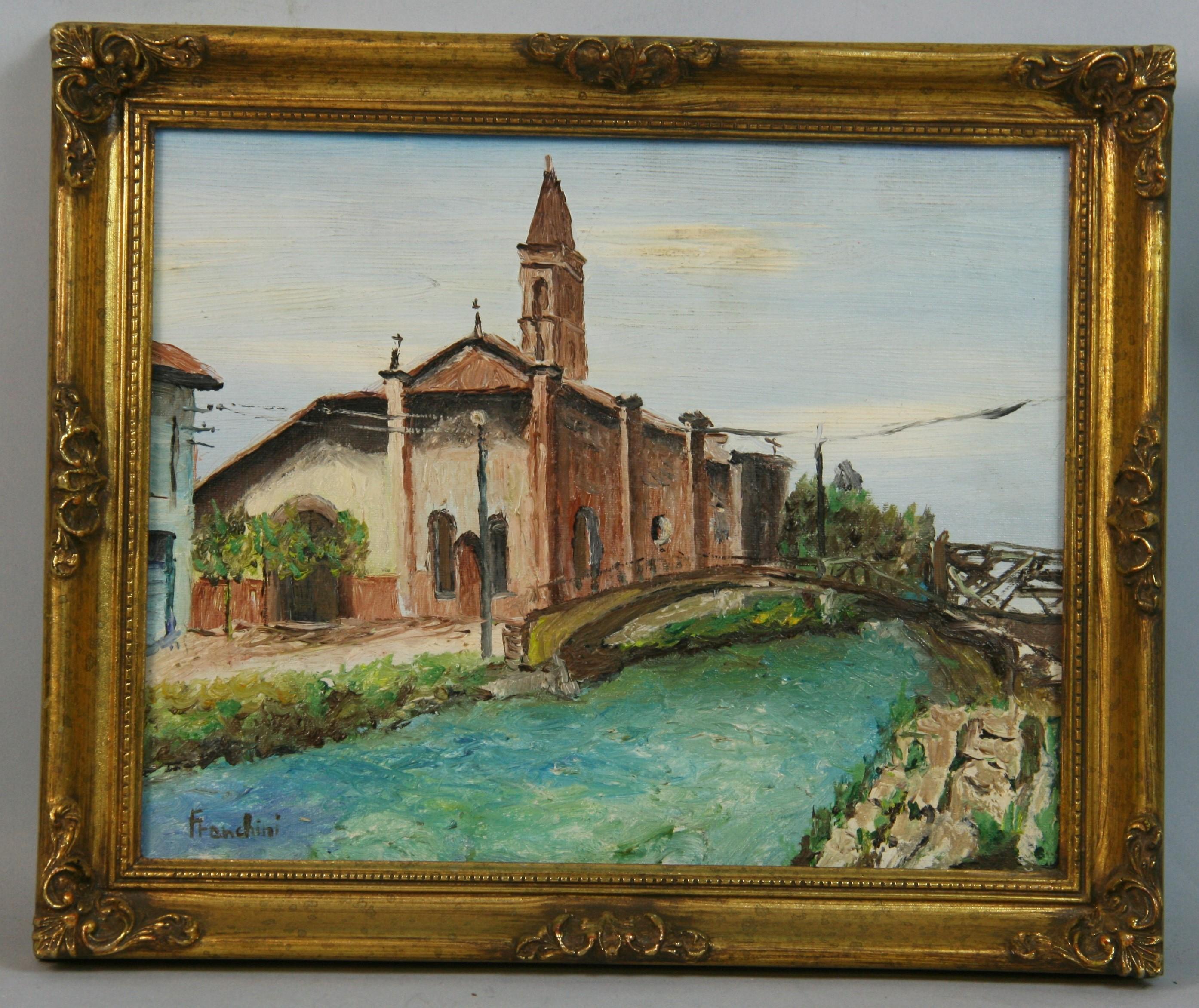 Landscape Painting Unknown - Vintage Italian Bridge Cross to a Village Church par Franchini 1980