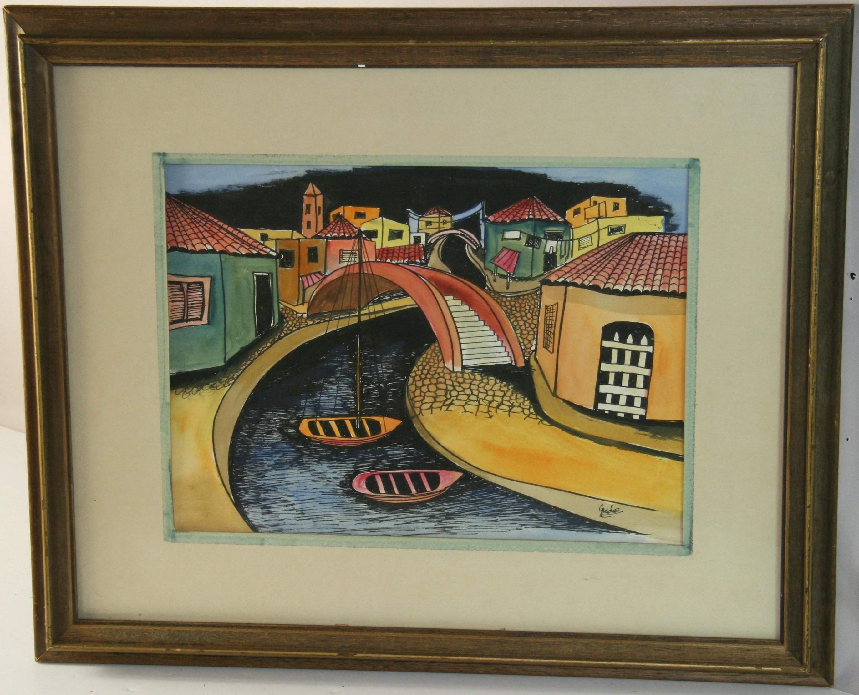 Italienische fauvistisch-modernistische venezianische Brücke, Kreuzung, Vintage – Painting von Unknown