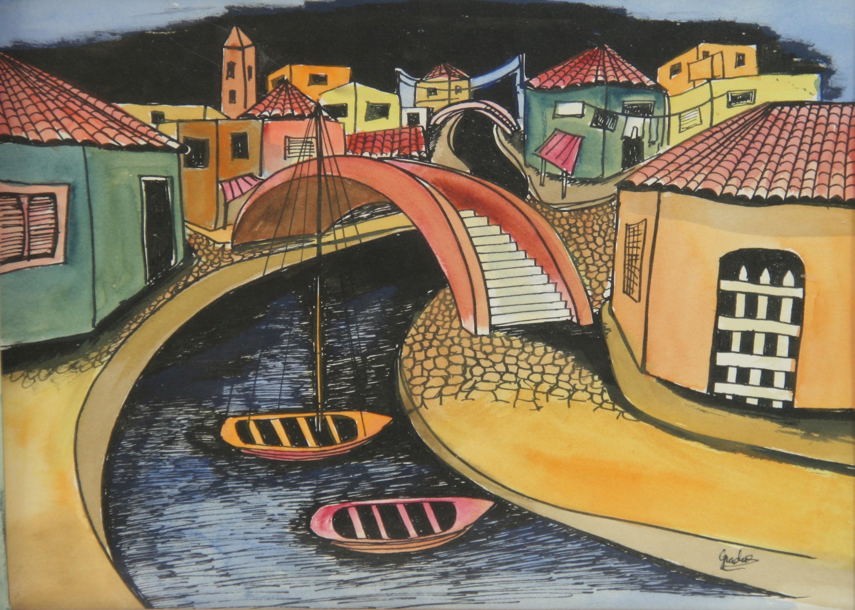 Unknown Landscape Painting – Italienische fauvistisch-modernistische venezianische Brücke, Kreuzung, Vintage