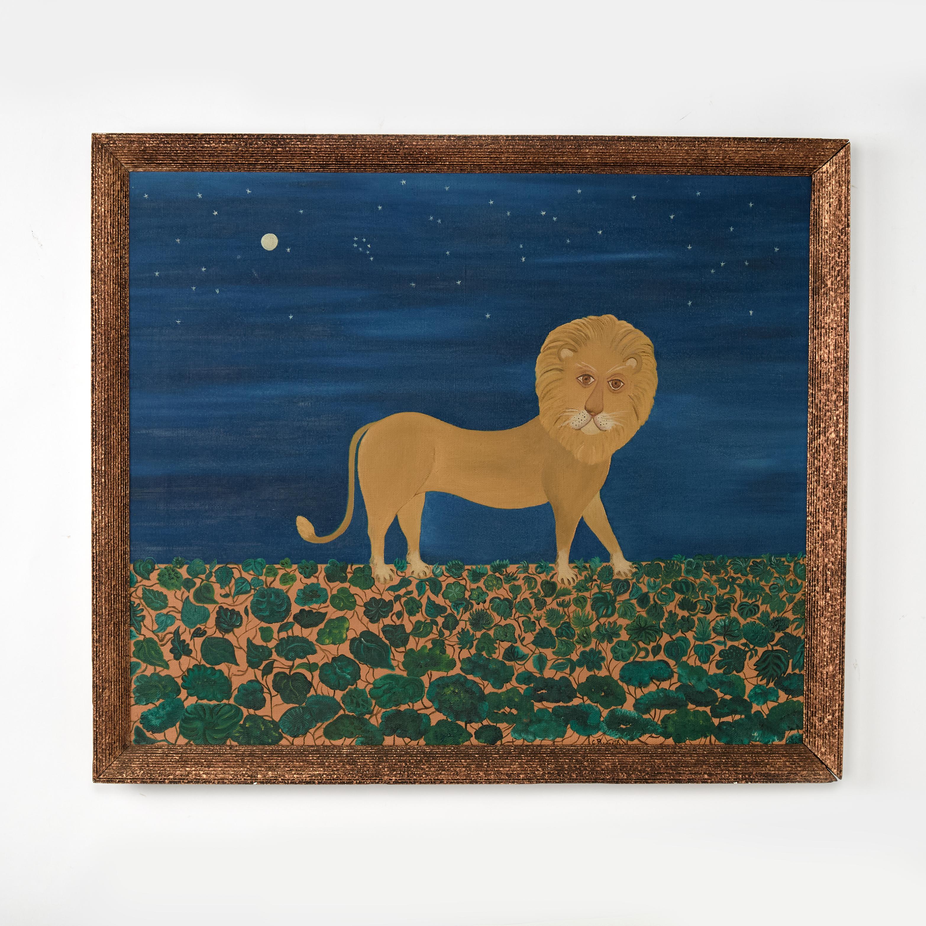 Animal Painting Unknown - Vintage Italian Folk Art Painting on Canvas of a Lion (peinture d'art populaire italienne sur toile)