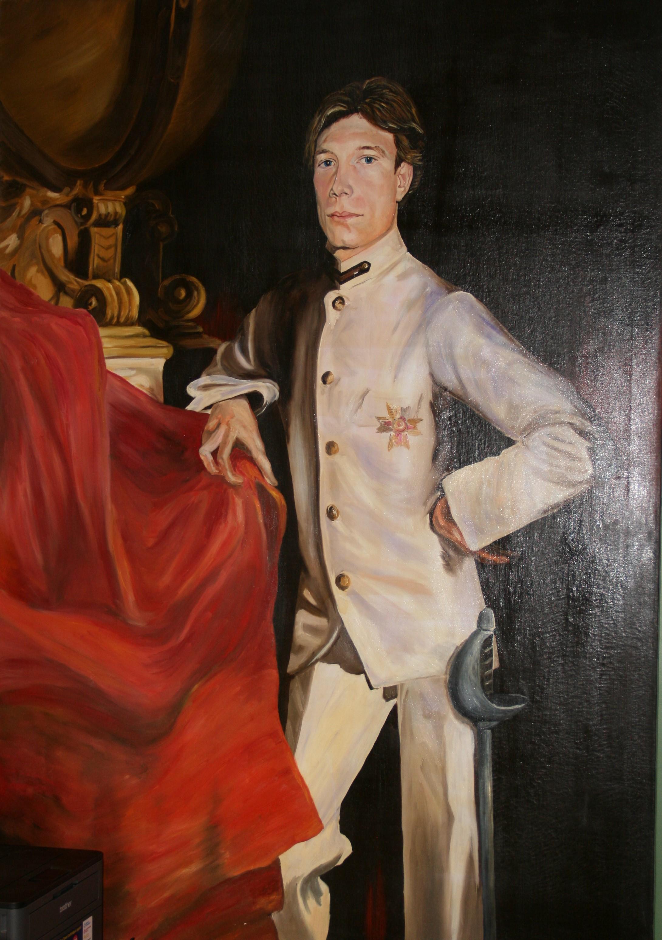 5058 Full length oversized oil painting of an English Nobleman
Set in a rapped canvas noframe needed
Signed Robert Yarmola