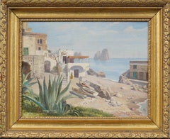 Vintage Italian Impressionist Capri Island Framed Town Scene Signed Oil Painting