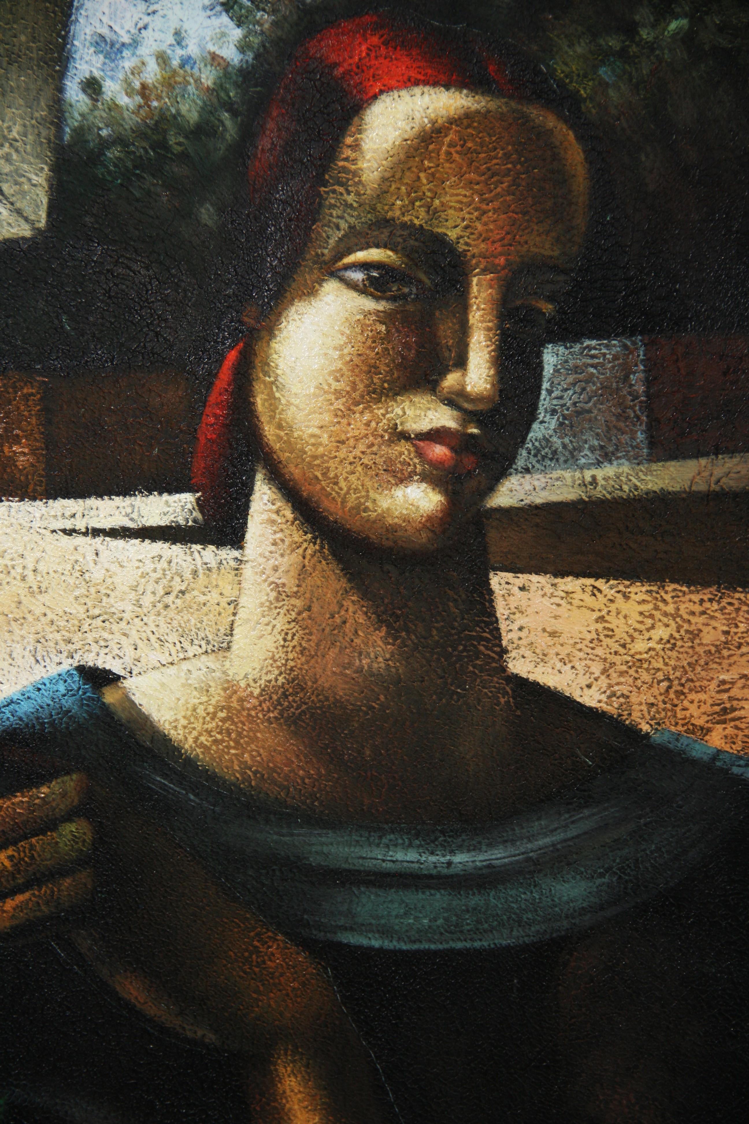 Vintage Italian Large Scale Blue Tone Futurist Oil Painting Woman with Umbrella 7