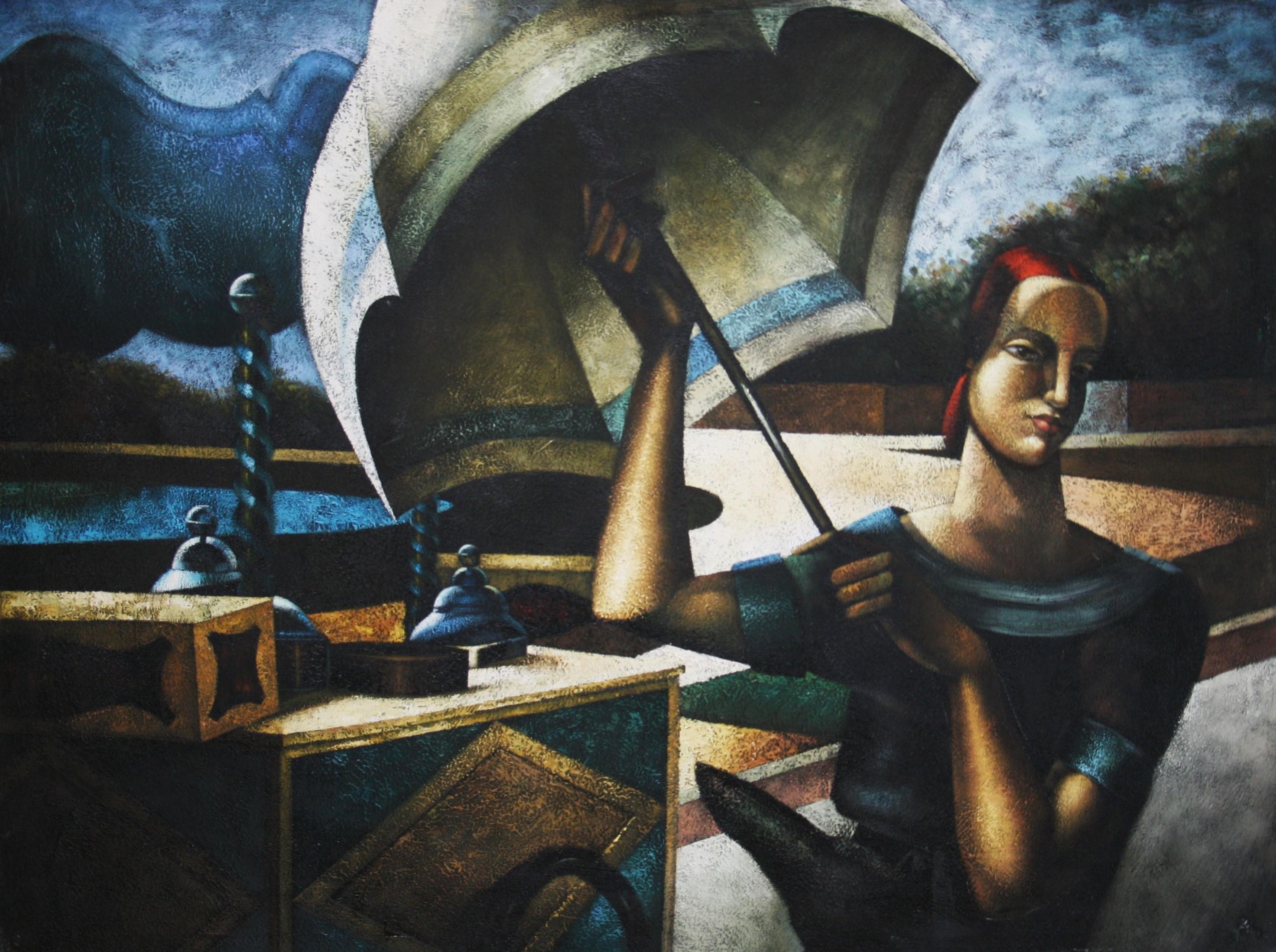 Vintage Italian Large Scale Blue Tone Futurist Oil Painting Woman with Umbrella - Black Abstract Painting by Unknown