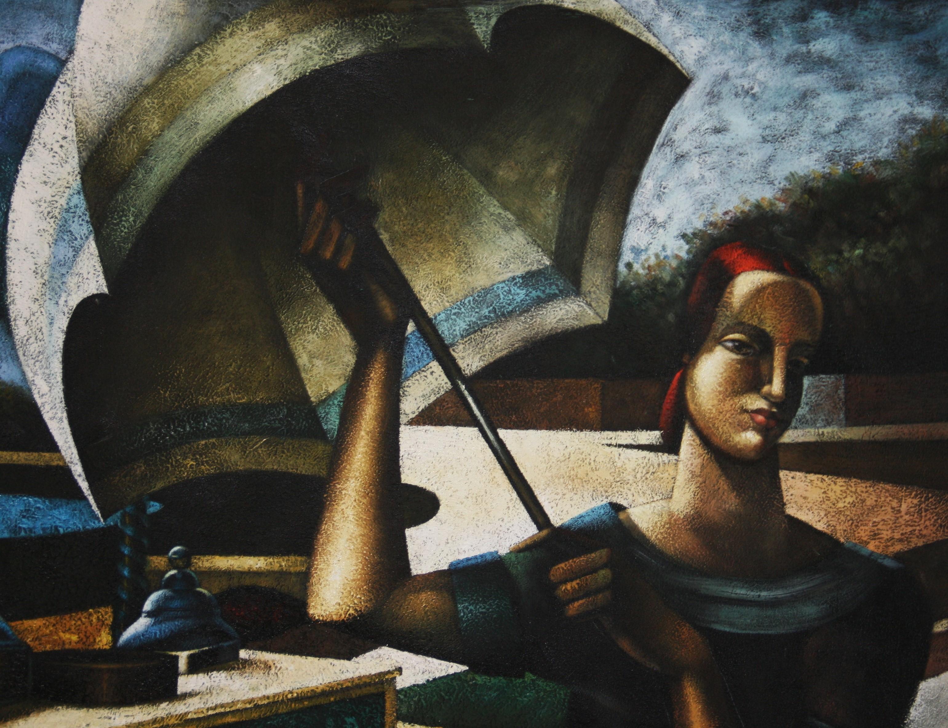 Vintage Italian Large Scale Blue Tone Futurist Oil Painting Woman with Umbrella 1