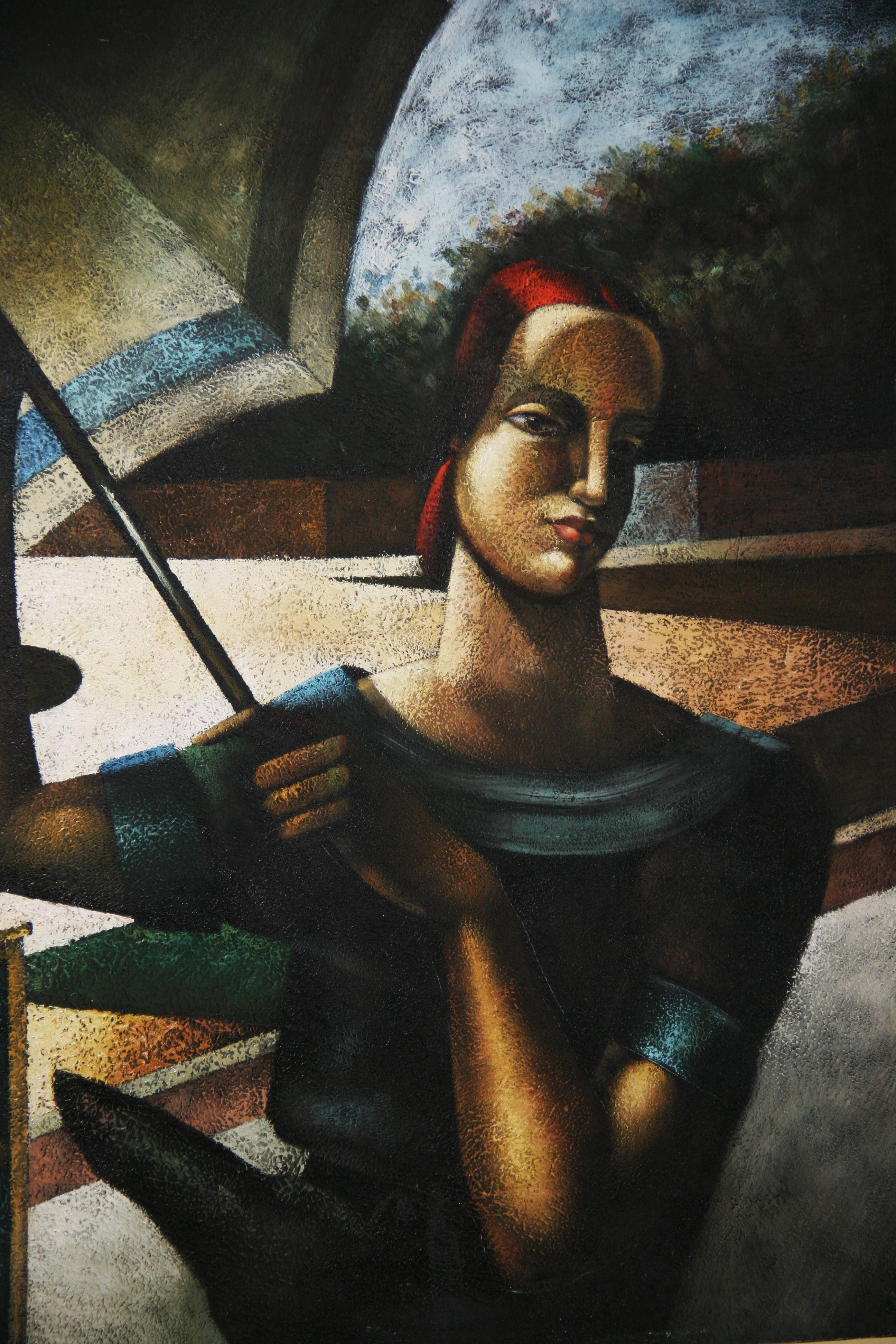Vintage Italian Large Scale Blue Tone Futurist Oil Painting Woman with Umbrella 2